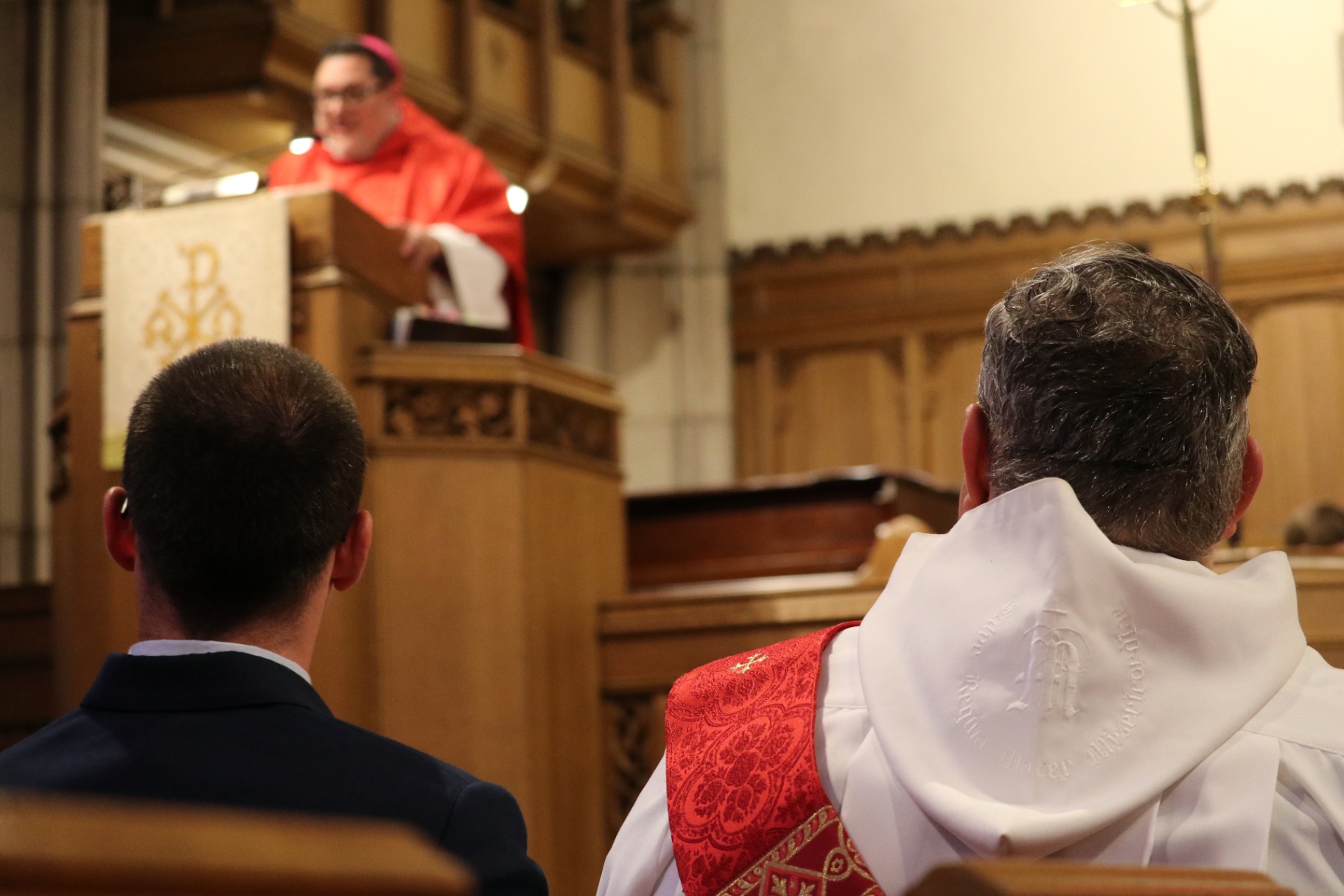 Bishop Whetstone preaches from the pulpit on the witness of the Oxford Martyrs.